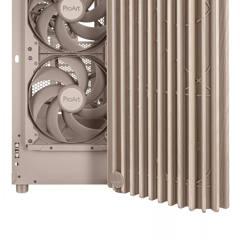 Caja de PC ASUS ProArt PA401 Wood Mesh PWM Beige — ATX, madera, 2×160 mm frontal, 1×120 mm trasero, 2×3,5 inch + 2×2,5 inch bahías