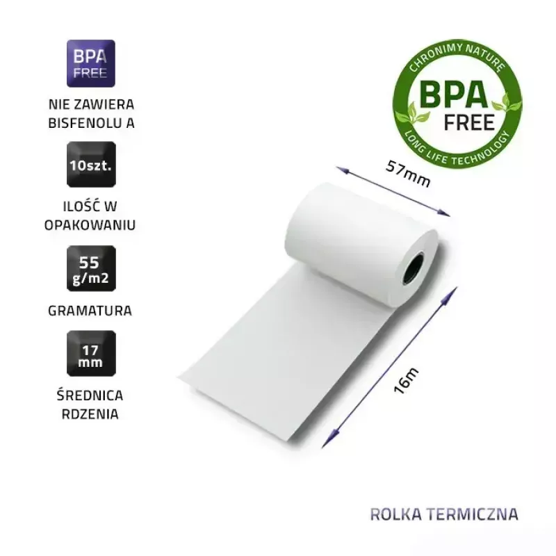 Rollo térmico QOLTEC 51899 — 57 mm x 16 m, 55 g/m², sin BPA