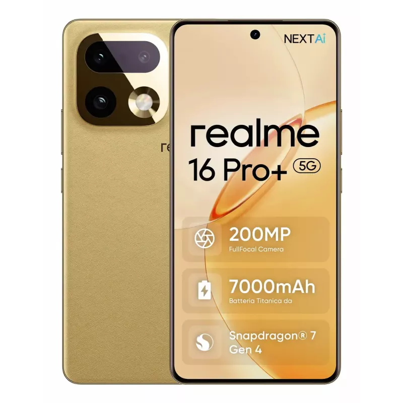 Smartphone REALME realme 16 Pro+ — 6,8 inch (17,3 cm) 1280×2800, Snapdragon 7 Gen 4, 12 GB RAM, 512 GB, 200 MP, 7000 mAh, dorado