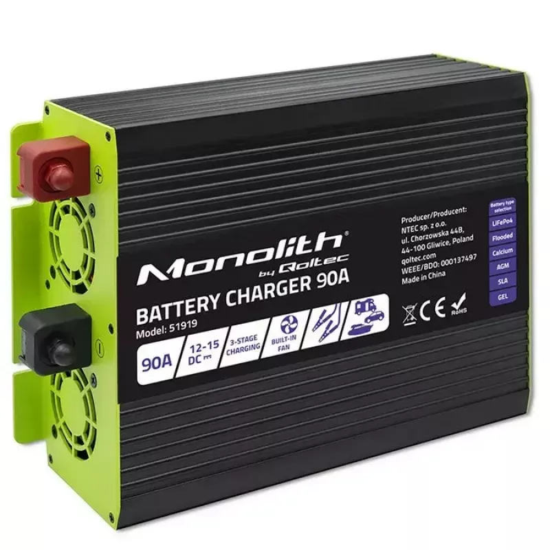 Cargador de baterías QOLTEC 51919 90A 12V para LiFePO4 AGM GEL SLA