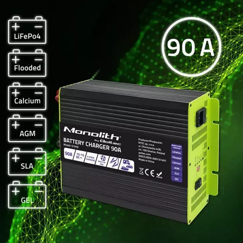 Cargador de baterías QOLTEC 51919 90A 12V para LiFePO4 AGM GEL SLA