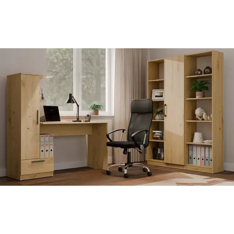 Conjunto escritorio y estantería top e shop COSMO Oak Artisan — tablero 115×50 cm, ancho 1430 mm, alto 1400 mm, fondo 500 mm, 1 cajón