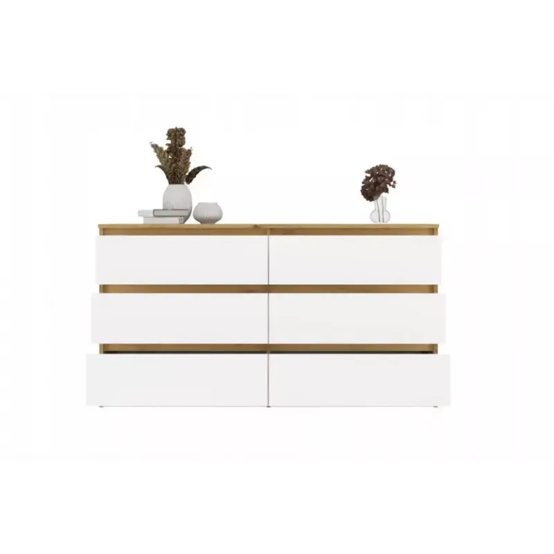 Cómoda MALWA M6 de top e shop — 6 cajones, 1380×400×750 mm, marco color roble artisan, frente blanca