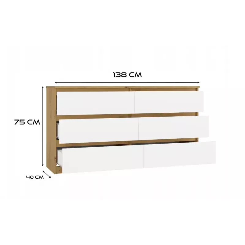 Cómoda MALWA M6 de top e shop — 6 cajones, 1380×400×750 mm, marco color roble artisan, frente blanca