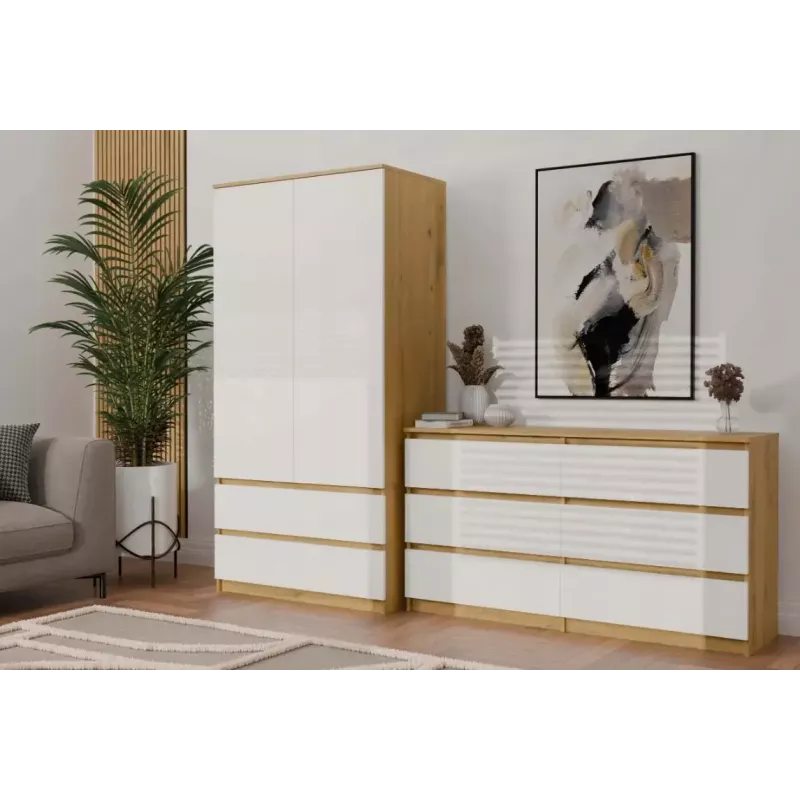 Cómoda MALWA M6 de top e shop — 6 cajones, 1380×400×750 mm, marco color roble artisan, frente blanca