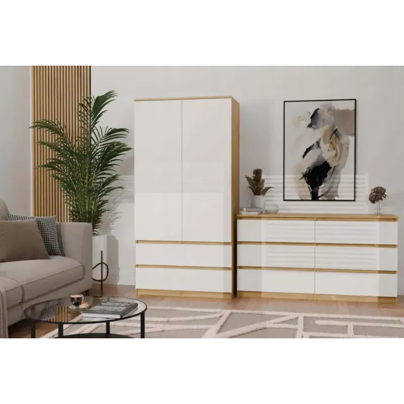 Cómoda MALWA M6 de top e shop — 6 cajones, 1380×400×750 mm, marco color roble artisan, frente blanca