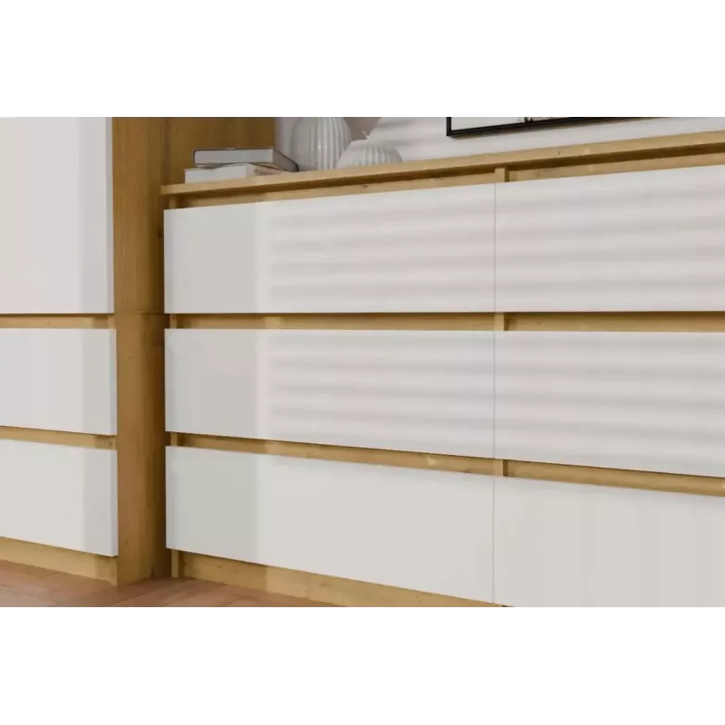 Cómoda MALWA M6 de top e shop — 6 cajones, 1380×400×750 mm, marco color roble artisan, frente blanca