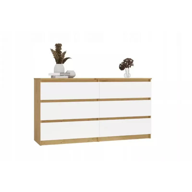 Cómoda MALWA M6 de top e shop — 6 cajones, 1380×400×750 mm, marco color roble artisan, frente blanca