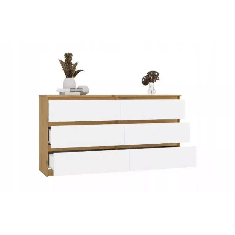 Cómoda MALWA M6 de top e shop — 6 cajones, 1380×400×750 mm, marco color roble artisan, frente blanca