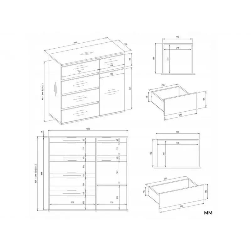 Cómoda top e shop MALWA 1D5S, 5 cajones, 1 puerta batiente, blanca, 1000×400×930 mm, tablero de partículas
