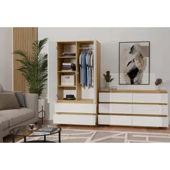 Armario top e shop MALWA SS-90, 900×500×1800 mm, cuerpo roble Artisan, puertas batientes blancas, 2 cajones, tablero de partículas