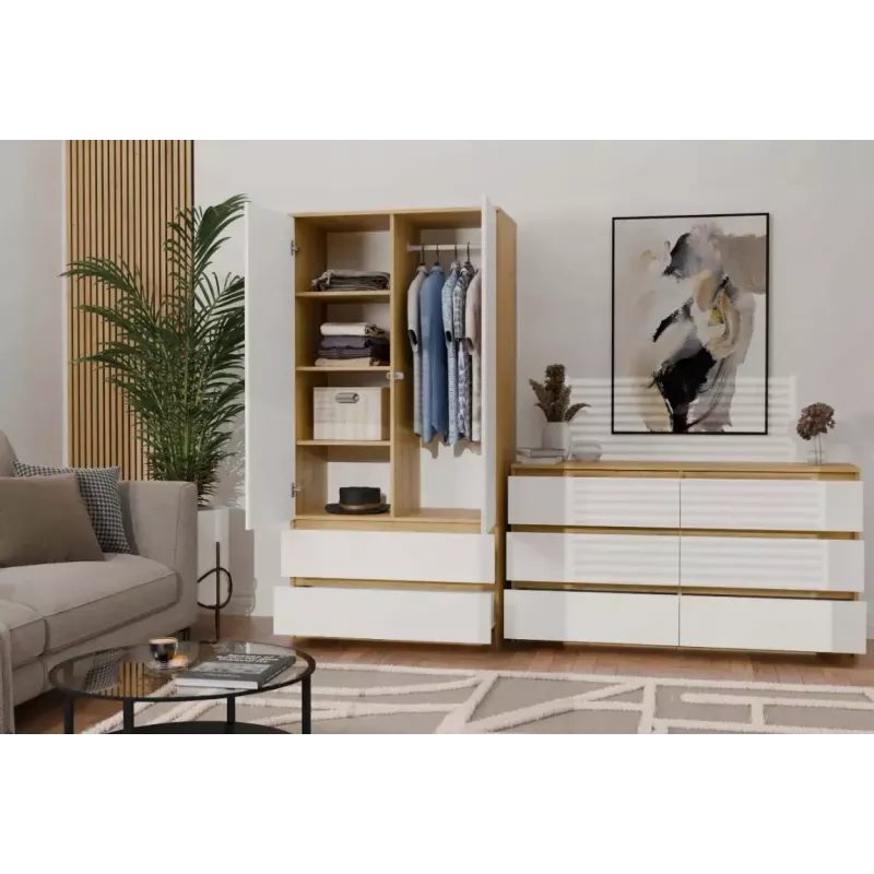 Armario top e shop MALWA SS-90, 900×500×1800 mm, cuerpo roble Artisan, puertas batientes blancas, 2 cajones, tablero de partículas