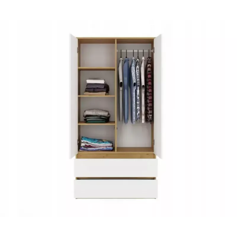 Armario top e shop MALWA SS-90, 900×500×1800 mm, cuerpo roble Artisan, puertas batientes blancas, 2 cajones, tablero de partículas