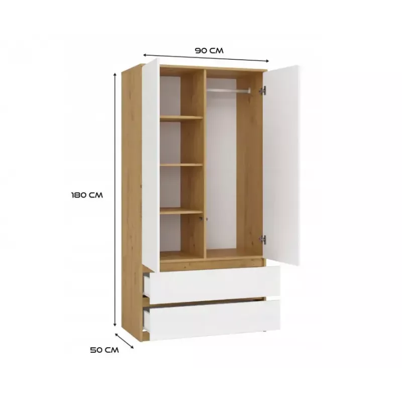 Armario top e shop MALWA SS-90, 900×500×1800 mm, cuerpo roble Artisan, puertas batientes blancas, 2 cajones, tablero de partículas