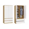 Armario top e shop MALWA SS-90, 900×500×1800 mm, cuerpo roble Artisan, puertas batientes blancas, 2 cajones, tablero de partículas