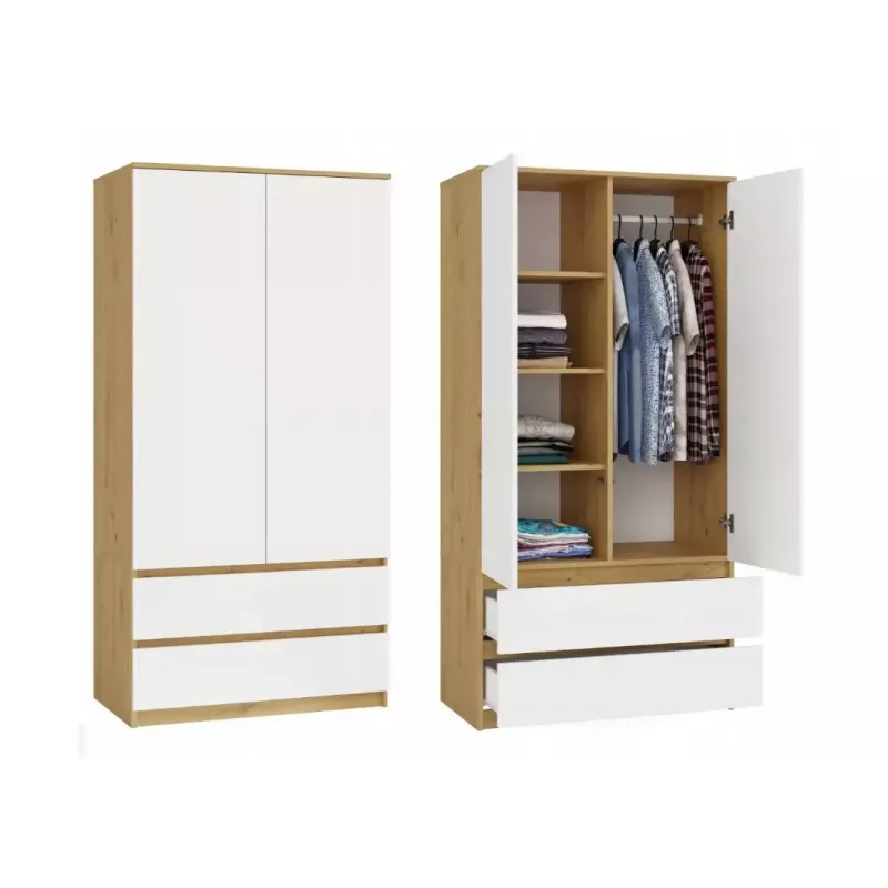 Armario top e shop MALWA SS-90, 900×500×1800 mm, cuerpo roble Artisan, puertas batientes blancas, 2 cajones, tablero de partículas