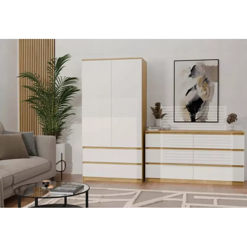 Armario top e shop MALWA SS-90, 900×500×1800 mm, cuerpo roble Artisan, puertas batientes blancas, 2 cajones, tablero de partículas