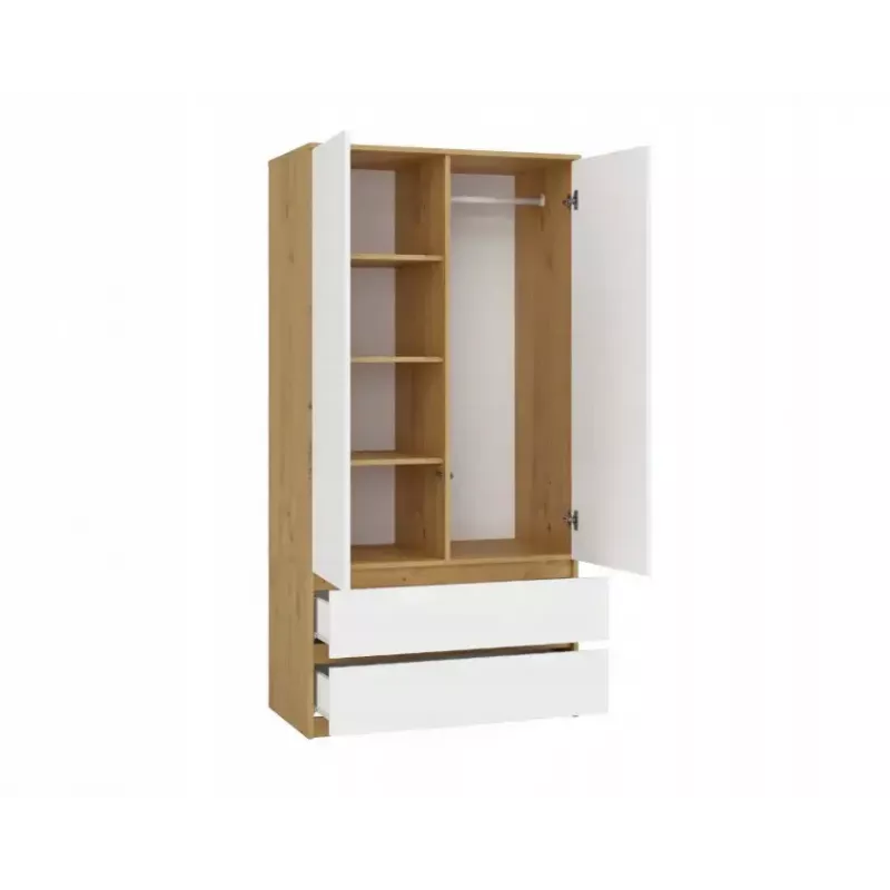 Armario top e shop MALWA SS-90, 900×500×1800 mm, cuerpo roble Artisan, puertas batientes blancas, 2 cajones, tablero de partículas