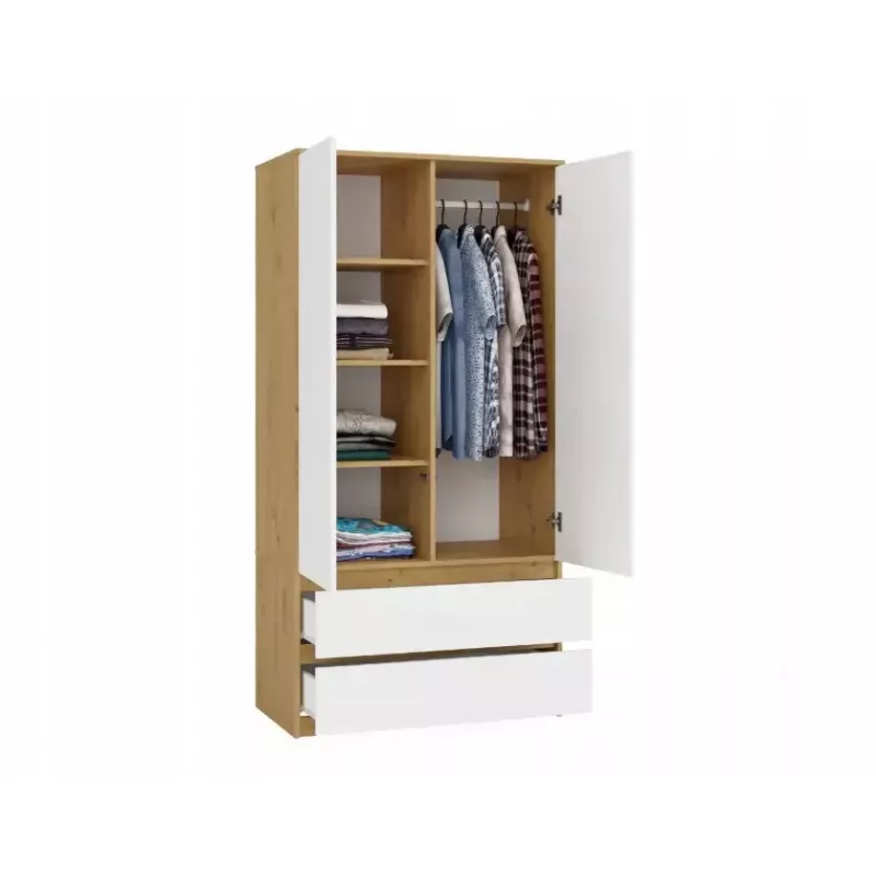 Armario top e shop MALWA SS-90, 900×500×1800 mm, cuerpo roble Artisan, puertas batientes blancas, 2 cajones, tablero de partículas
