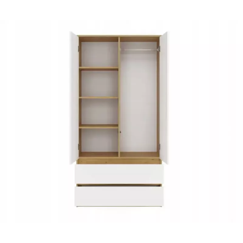 Armario top e shop MALWA SS-90, 900×500×1800 mm, cuerpo roble Artisan, puertas batientes blancas, 2 cajones, tablero de partículas