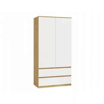 Armario top e shop MALWA SS-90, 900×500×1800 mm, cuerpo roble Artisan, puertas batientes blancas, 2 cajones, tablero de partículas