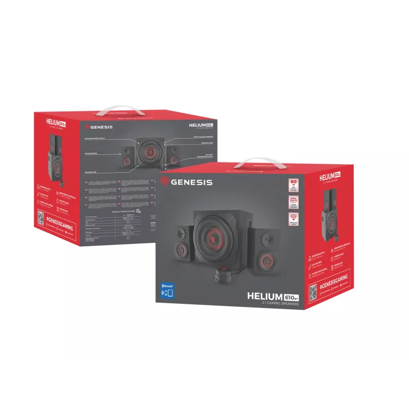 Conjunto de altavoces GENESIS Helium 610BT 2.1, 60 W RMS, Bluetooth, con cable, rojo/negro, subwoofer compacto