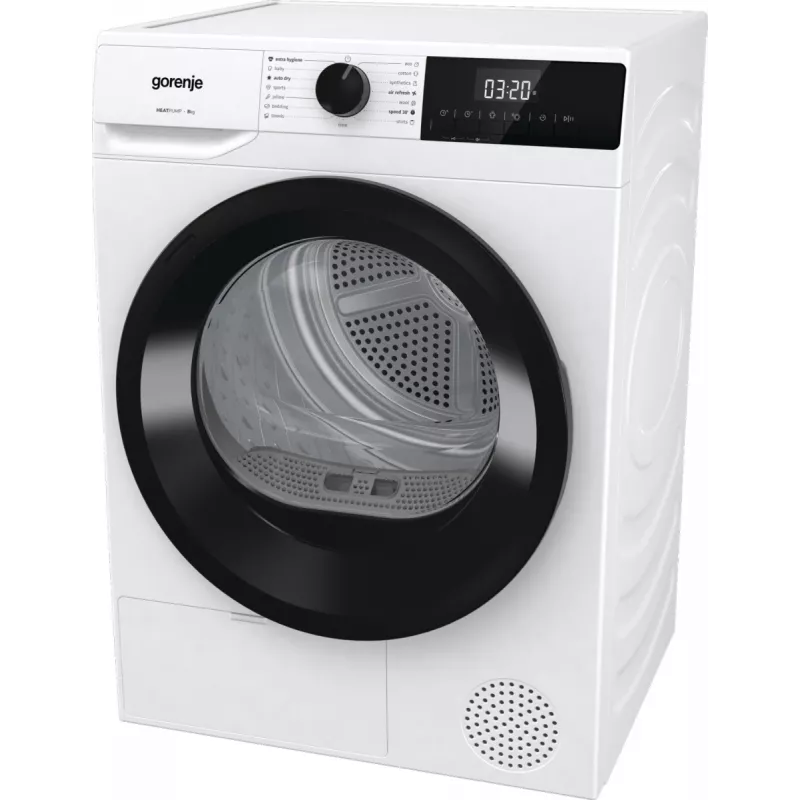 Secadora Gorenje DHNE82 BK040, Independiente, Carga frontal, Bomba de calor, Blanca, Botones, Mando giratorio, Derecha