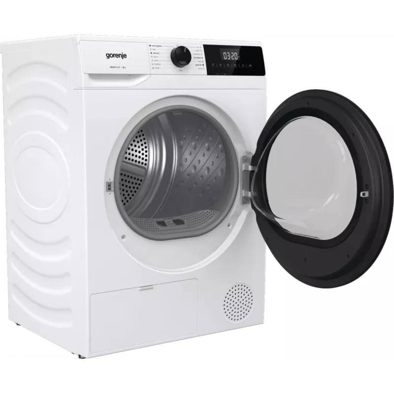 Secadora Gorenje DHNE82 BK040, Independiente, Carga frontal, Bomba de calor, Blanca, Botones, Mando giratorio, Derecha