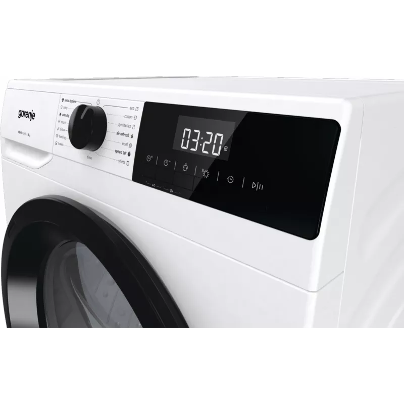 Secadora Gorenje DHNE82 BK040, Independiente, Carga frontal, Bomba de calor, Blanca, Botones, Mando giratorio, Derecha