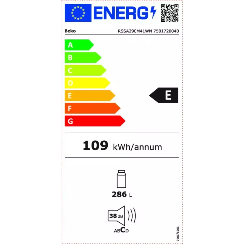 Frigorífico de libre instalación BEKO RSSA290M41WN — 286 L de capacidad, clase energética E, 38 dB, blanco