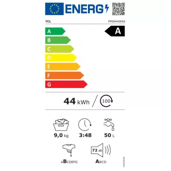 Lavadora TCL FP0944WA0 — carga frontal, 9 kg, 1400 rpm, clase A, indicador LED, vapor, 60×56×85 cm, blanca