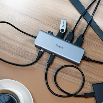 Targus Dual Video Mobile Dock con 140W EPR Pass-Thru, con cable, USB 3.2 Gen 2 (3.1 Gen 2) Type-C, 140 W, 1000 Mbit/s, gris, 10 Gbit/s