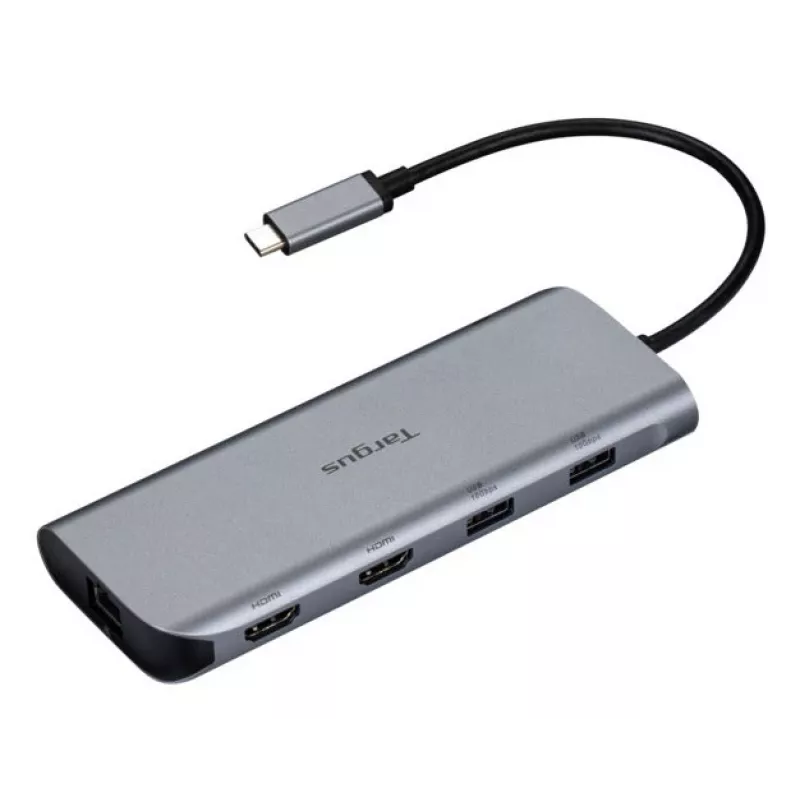 Targus Dual Video Mobile Dock con 140W EPR Pass-Thru, con cable, USB 3.2 Gen 2 (3.1 Gen 2) Type-C, 140 W, 1000 Mbit/s, gris, 10 Gbit/s
