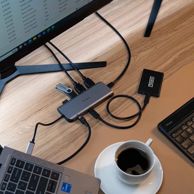 Targus Dual Video Mobile Dock con 140W EPR Pass-Thru, con cable, USB 3.2 Gen 2 (3.1 Gen 2) Type-C, 140 W, 1000 Mbit/s, gris, 10 Gbit/s