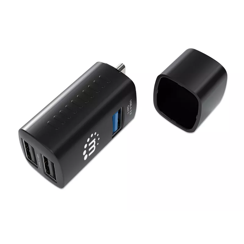 Manhattan Hub USB-C de 3 puertos, ULTRA COMPACTO, 3 puertos USB-A (1x 5 Gbps USB 3.2 Gen1 aka USB 3.0, 3 x 480 Mbps USB 2.0), alimentado por USB (no requiere fuente de alimentación externa)
