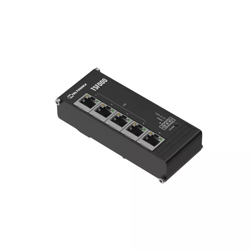 Switch de escritorio Fast Ethernet PoE no gestionado Teltonika TSF000 — 5× 10/100 RJ-45, IEEE 802.3af/at, DC 7–57 V, negro