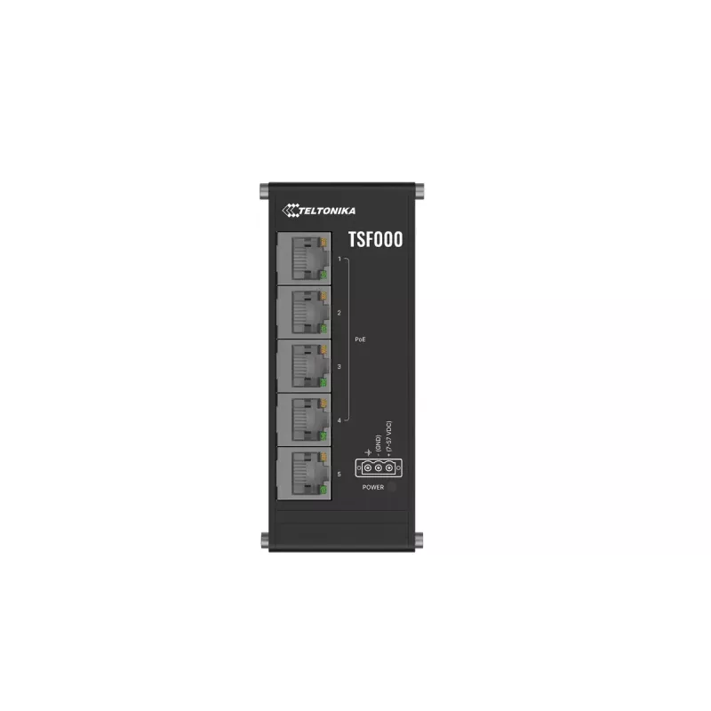 Switch de escritorio Fast Ethernet PoE no gestionado Teltonika TSF000 — 5× 10/100 RJ-45, IEEE 802.3af/at, DC 7–57 V, negro