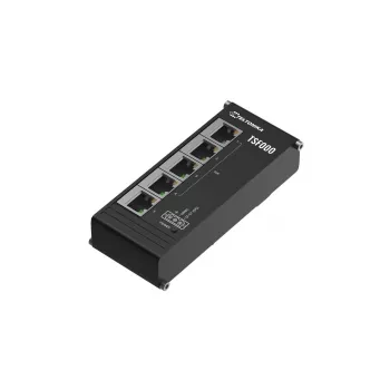 Switch de escritorio Fast Ethernet PoE no gestionado Teltonika TSF000 — 5× 10/100 RJ-45, IEEE 802.3af/at, DC 7–57 V, negro