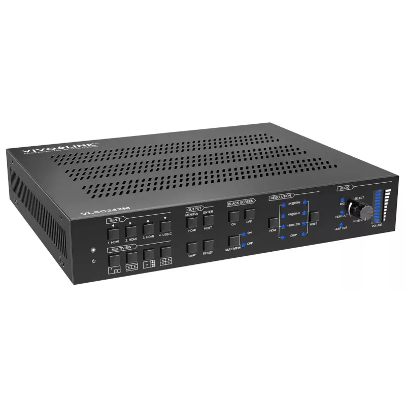 Escalador de vídeo Vivolink VLSC242M, carcasa de metal, HDCP 1.4/2.2, AC 110–230V, 250×200×44 mm