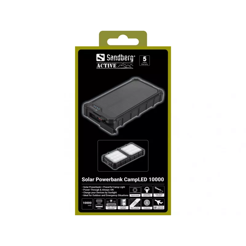 Sandberg Solar Powerbank CampLED 10000, 10000 mAh, Programmable Power Supply (PPS), 3,7 V, 15 W, negro