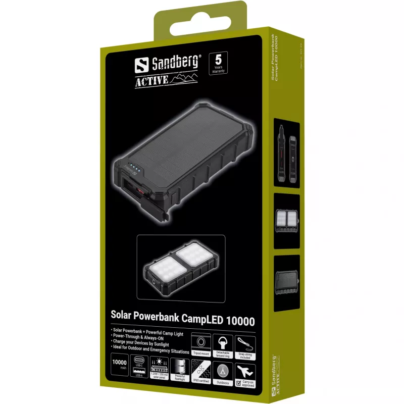 Sandberg Solar Powerbank CampLED 10000, 10000 mAh, Programmable Power Supply (PPS), 3,7 V, 15 W, negro