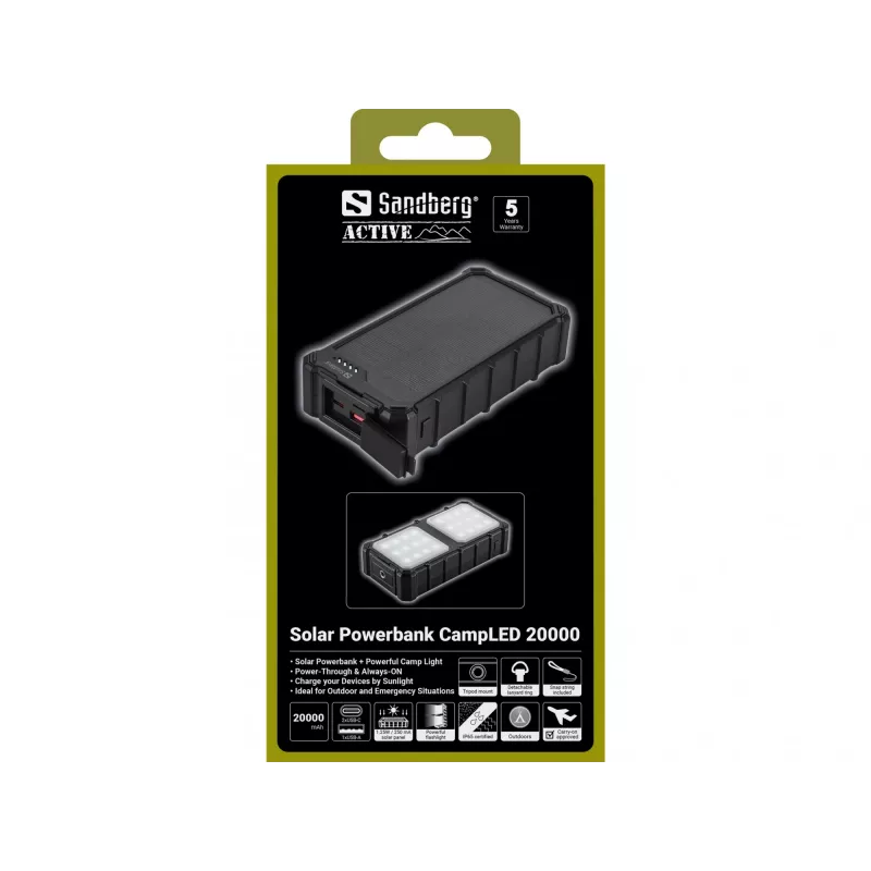 Sandberg Solar Powerbank CampLED 20000, 20000 mAh, Programmable Power Supply (PPS), 3,7 V, 15 W, negro