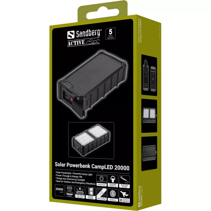 Sandberg Solar Powerbank CampLED 20000, 20000 mAh, Programmable Power Supply (PPS), 3,7 V, 15 W, negro
