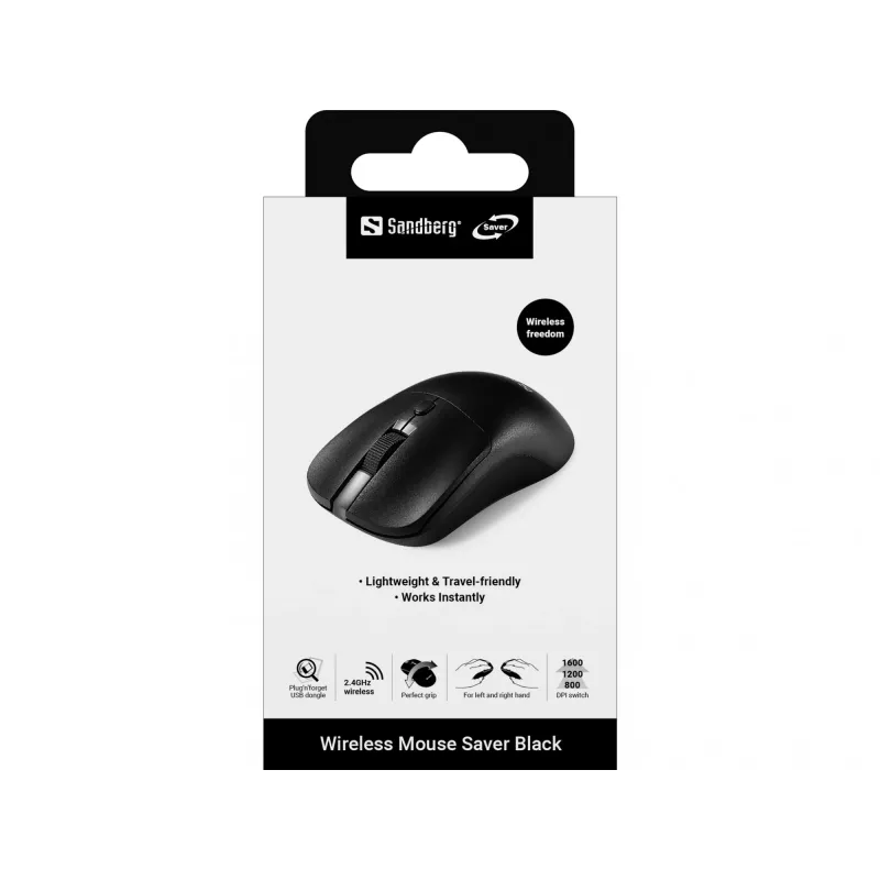 Ratón inalámbrico Sandberg Saver negro, ambidiestro, RF Wireless, 1600 DPI, negro