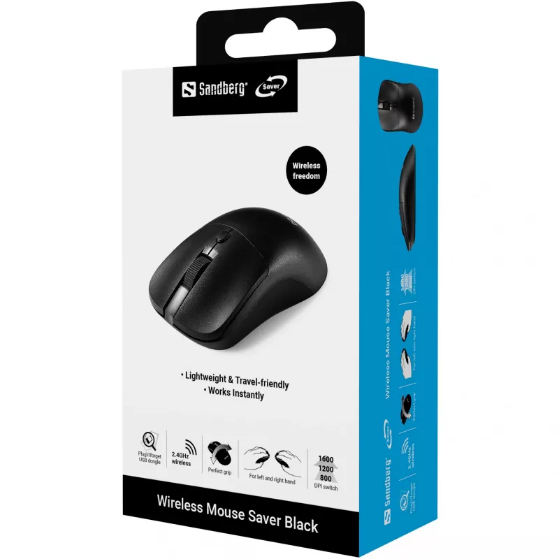 Ratón inalámbrico Sandberg Saver negro, ambidiestro, RF Wireless, 1600 DPI, negro