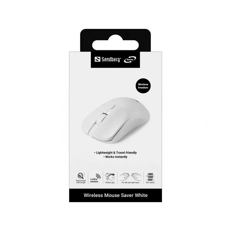 Ratón inalámbrico Sandberg Saver blanco, ambidiestro, RF Wireless, 1600 DPI, blanco