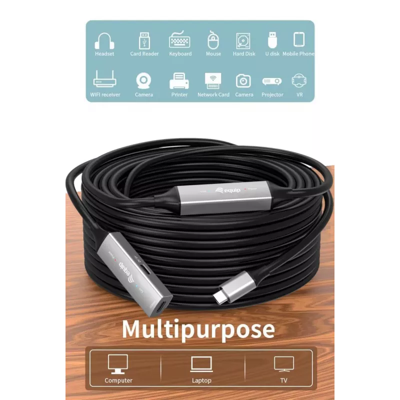 Cable alargador activo USB-C EQUIP 15 m, USB 3.2 Gen 1 (5 Gbps), contactos de níquel, negro