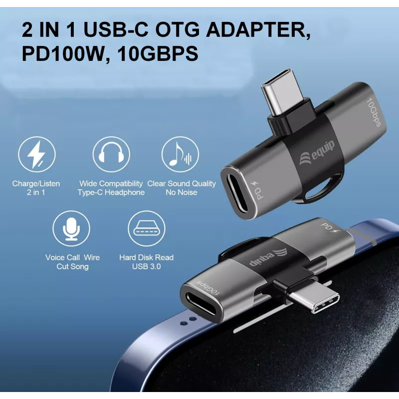 Adaptador USB-C OTG 2 en 1 EQUIP 133479 — 100W PD, 10Gbit/s, 1x USB-C a 2x USB-C, gris