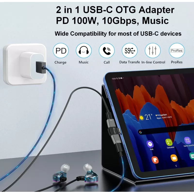 Adaptador USB-C OTG 2 en 1 EQUIP 133479 — 100W PD, 10Gbit/s, 1x USB-C a 2x USB-C, gris