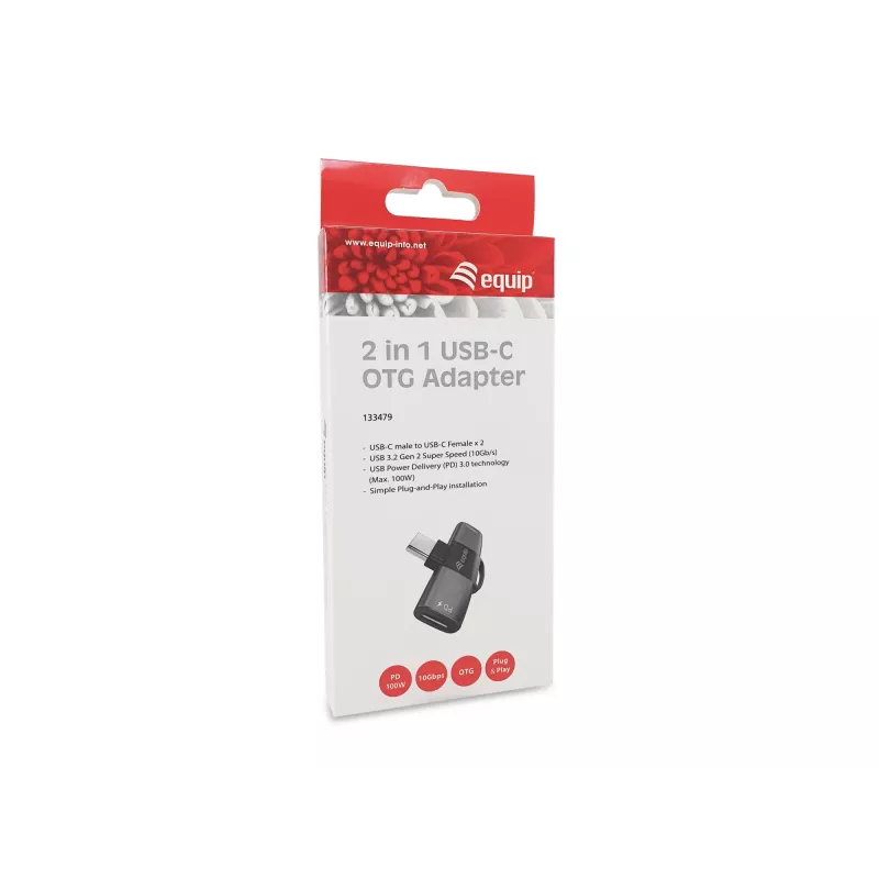Adaptador USB-C OTG 2 en 1 EQUIP 133479 — 100W PD, 10Gbit/s, 1x USB-C a 2x USB-C, gris